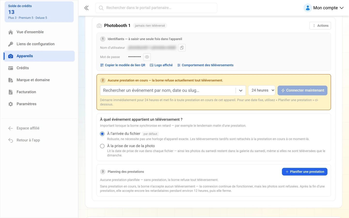 Fiche d'appareil avec les sections numérotées identifiants, prestation et planning des prestations