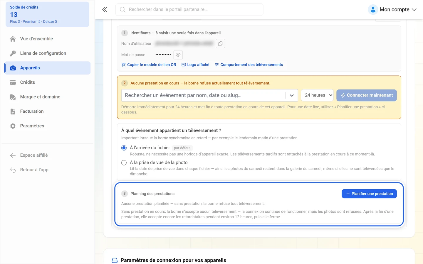 Section 3 de la fiche d'appareil avec le planning des prestations et le bouton Planifier une prestation