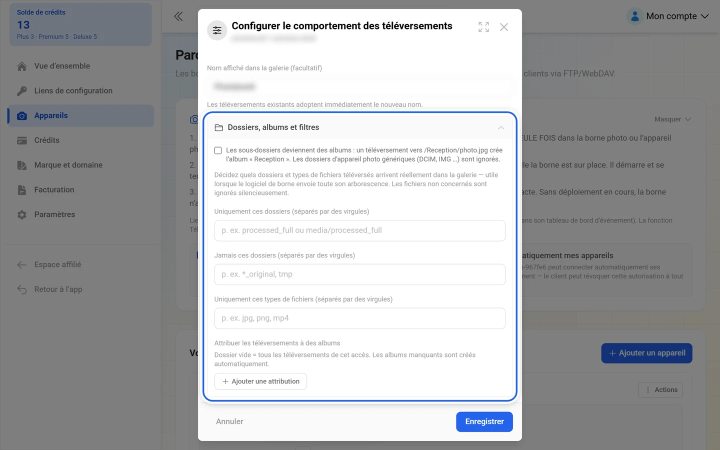 Boîte de dialogue Configurer le comportement des téléversements avec le groupe Dossiers, albums et filtres mis en évidence
