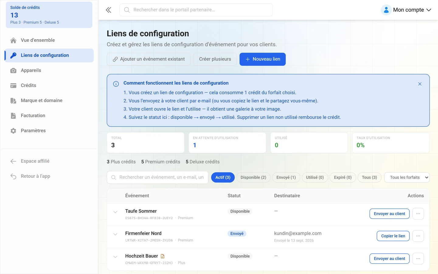 Page Liens de configuration avec les chiffres clés et la liste des clés