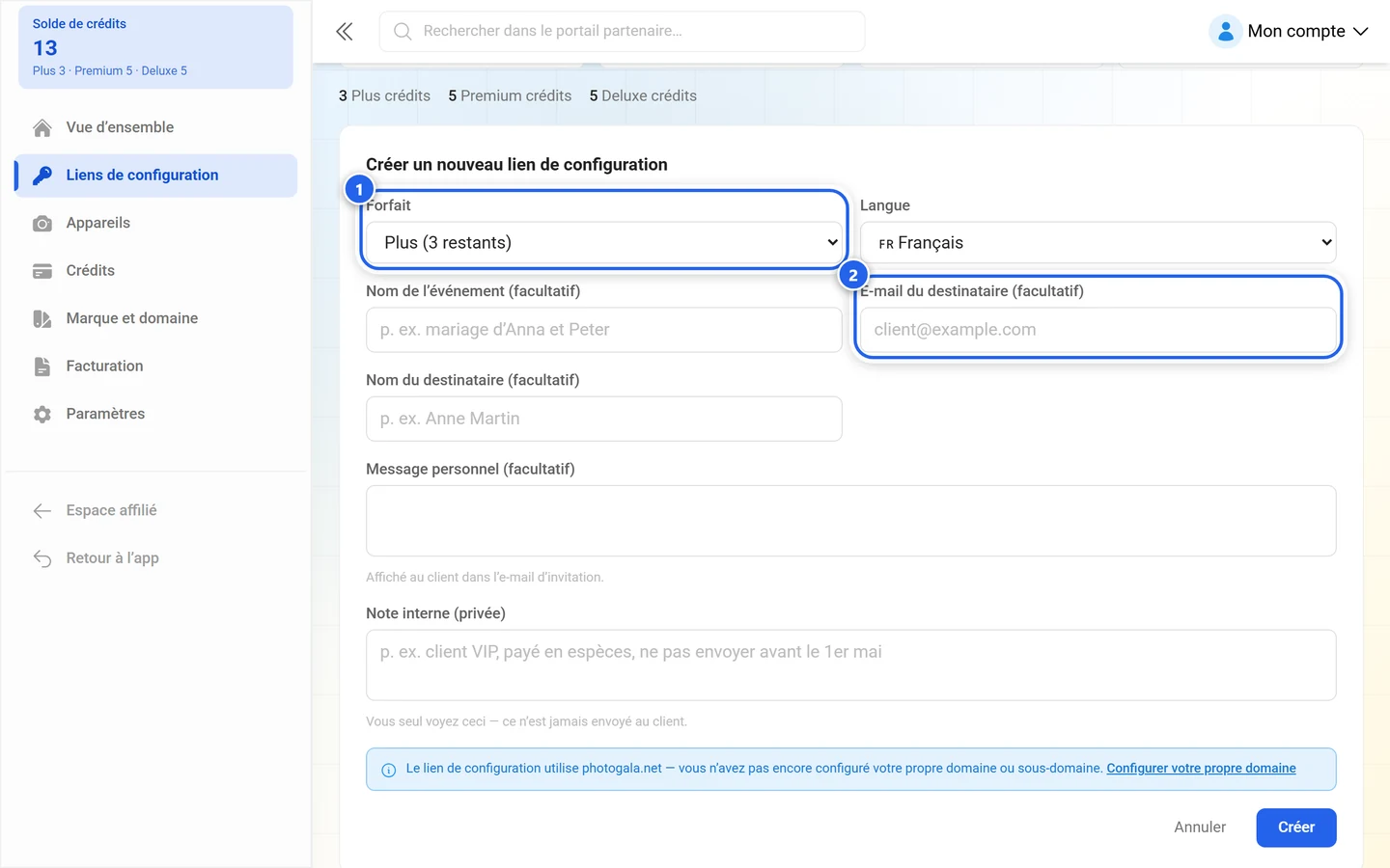 Formulaire Créer un nouveau lien de configuration avec le champ forfait et le champ E-mail du destinataire mis en évidence