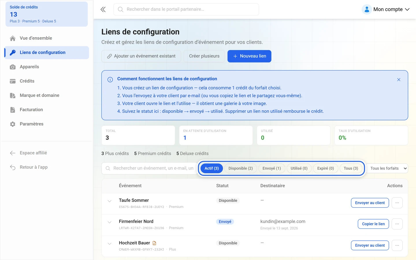 Boutons de filtre de la liste des liens de configuration avec les compteurs, mis en évidence