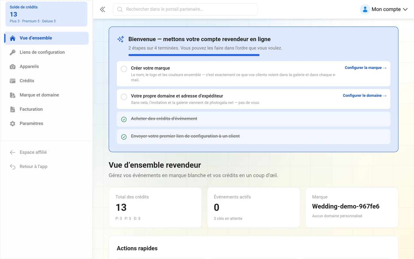 Page de vue d'ensemble du portail revendeur