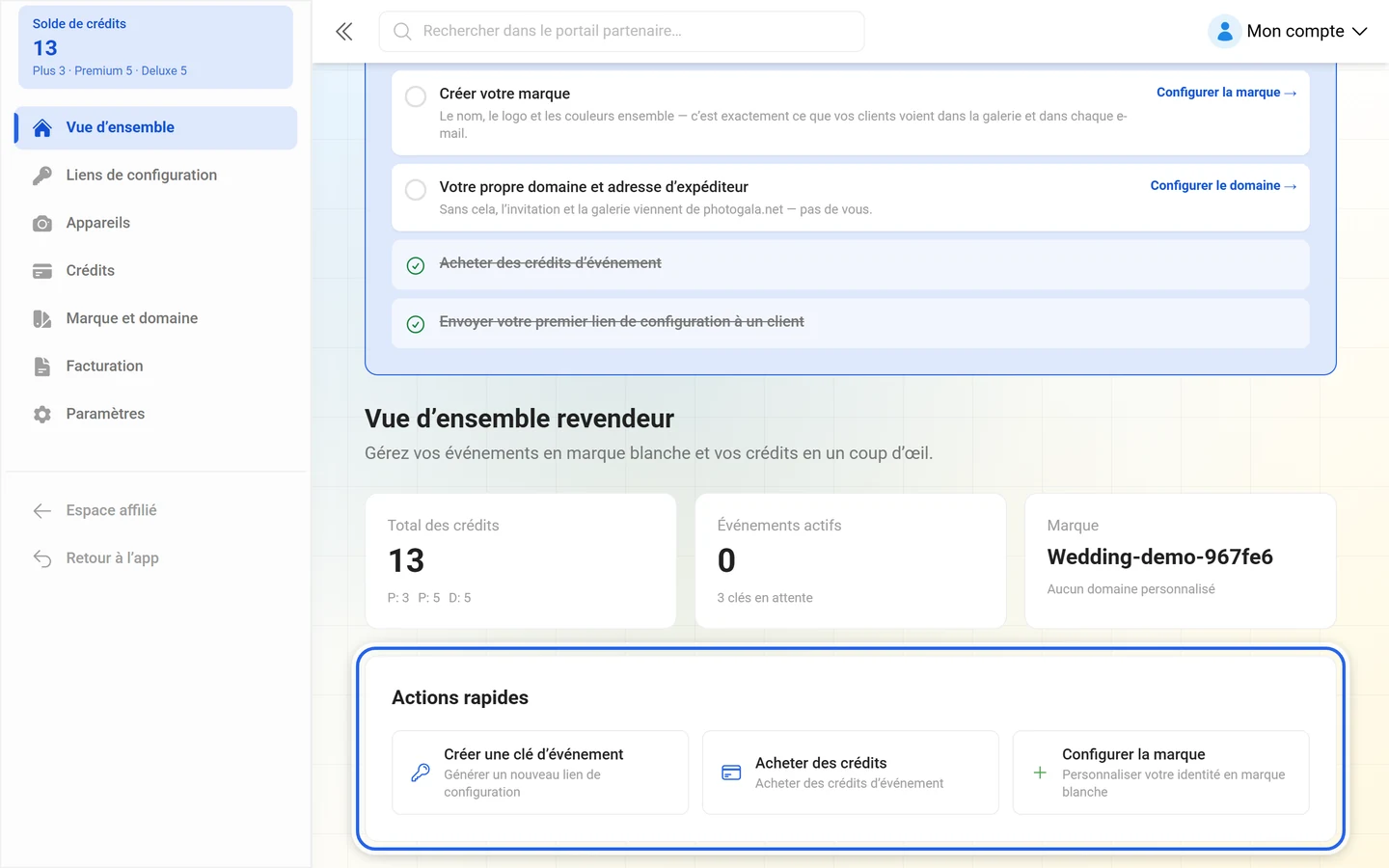 Vue d'ensemble revendeur avec la carte Actions rapides mise en évidence