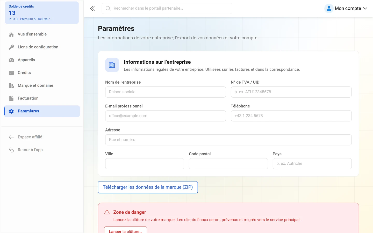 Page Paramètres avec le formulaire Informations sur l'entreprise