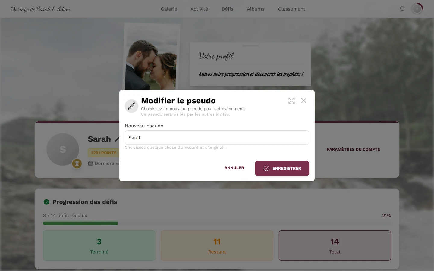 Fenêtre pour modifier le pseudo