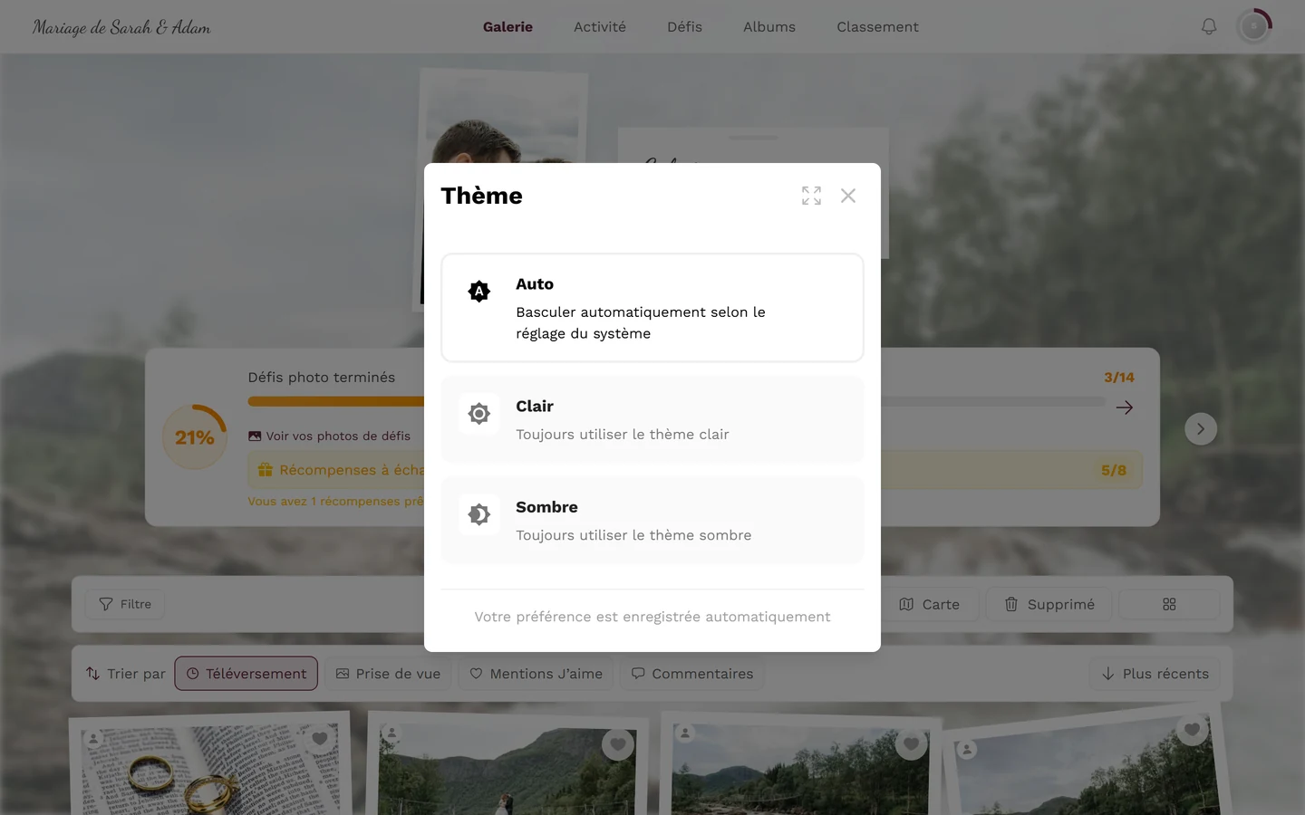 Boîte de dialogue Thème avec les trois options Auto, Clair et Sombre