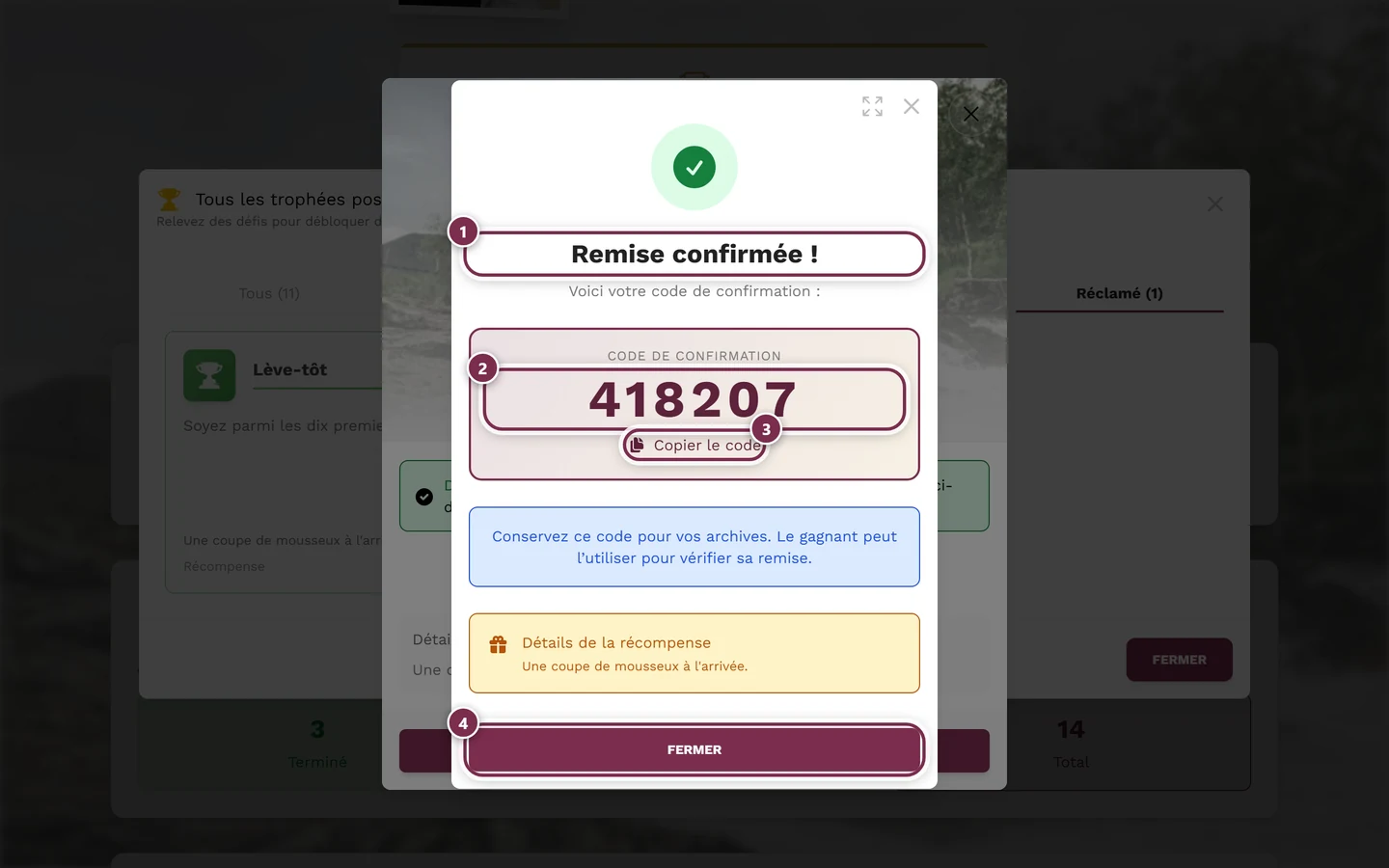 Boîte de dialogue de succès avec code de confirmation à six chiffres et quatre repères