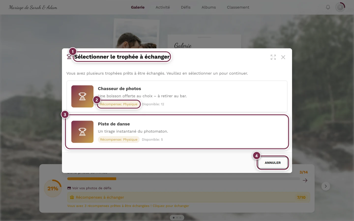 Boîte de dialogue de sélection avec deux cartes de récompense et quatre repères