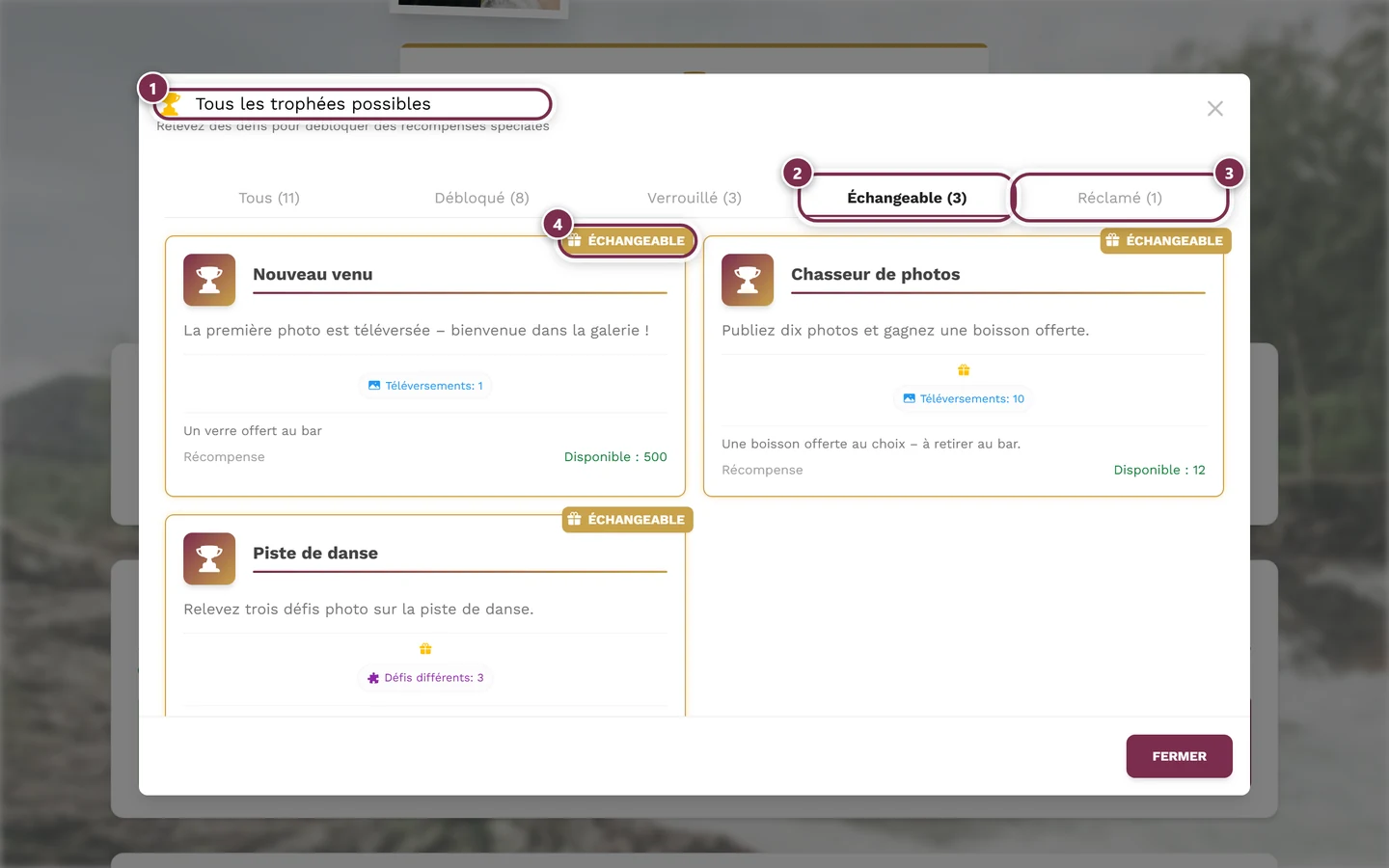 Boîte de dialogue des trophées avec les onglets Tous, Débloqué, Verrouillé, Échangeable et Réclamé
