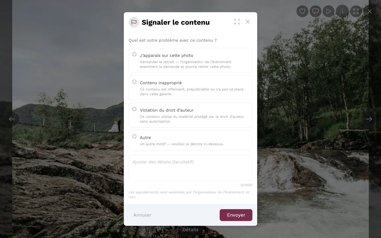 Boîte de dialogue de signalement avec le choix des motifs