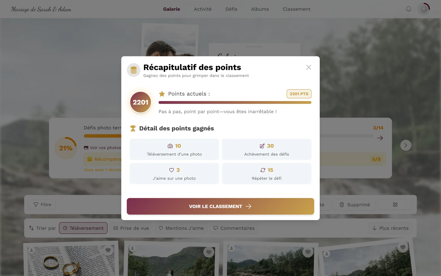 Boîte de dialogue Résumé des points avec le cercle de points et les quatre vignettes de répartition