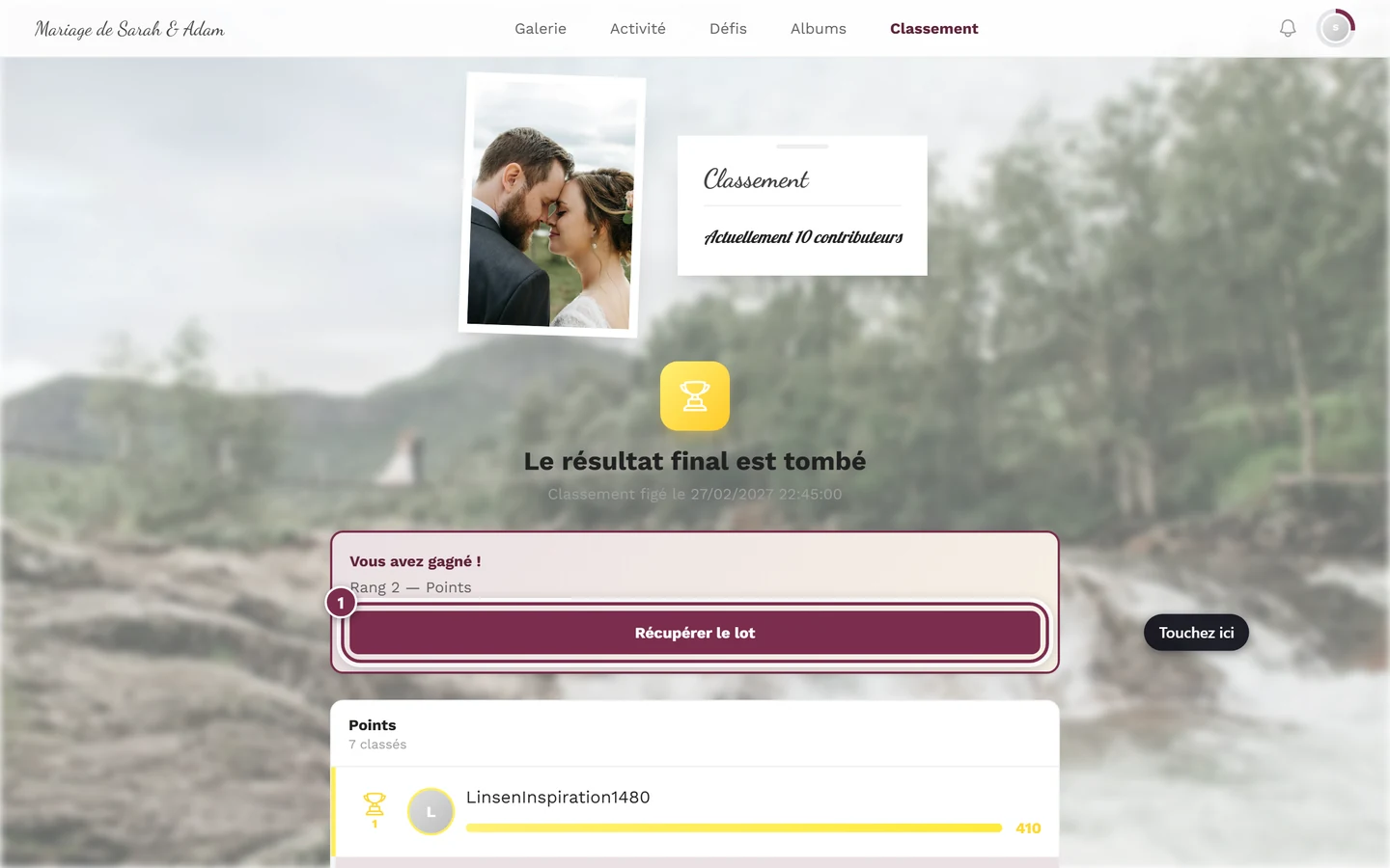 Carte Vous avez gagné avec la place et le bouton Récupérer le lot