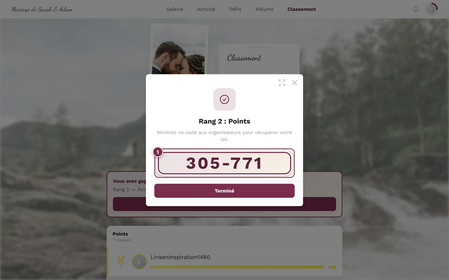 La fenêtre affiche le code à six chiffres en grand, avec le bouton Terminé en dessous