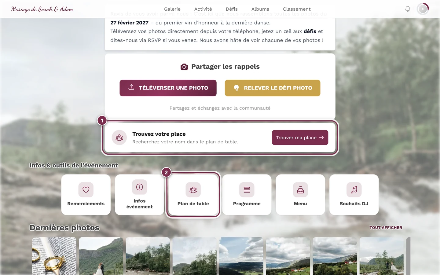 Page d'accueil de l'événement avec la carte Trouvez votre place et la tuile Plan de table