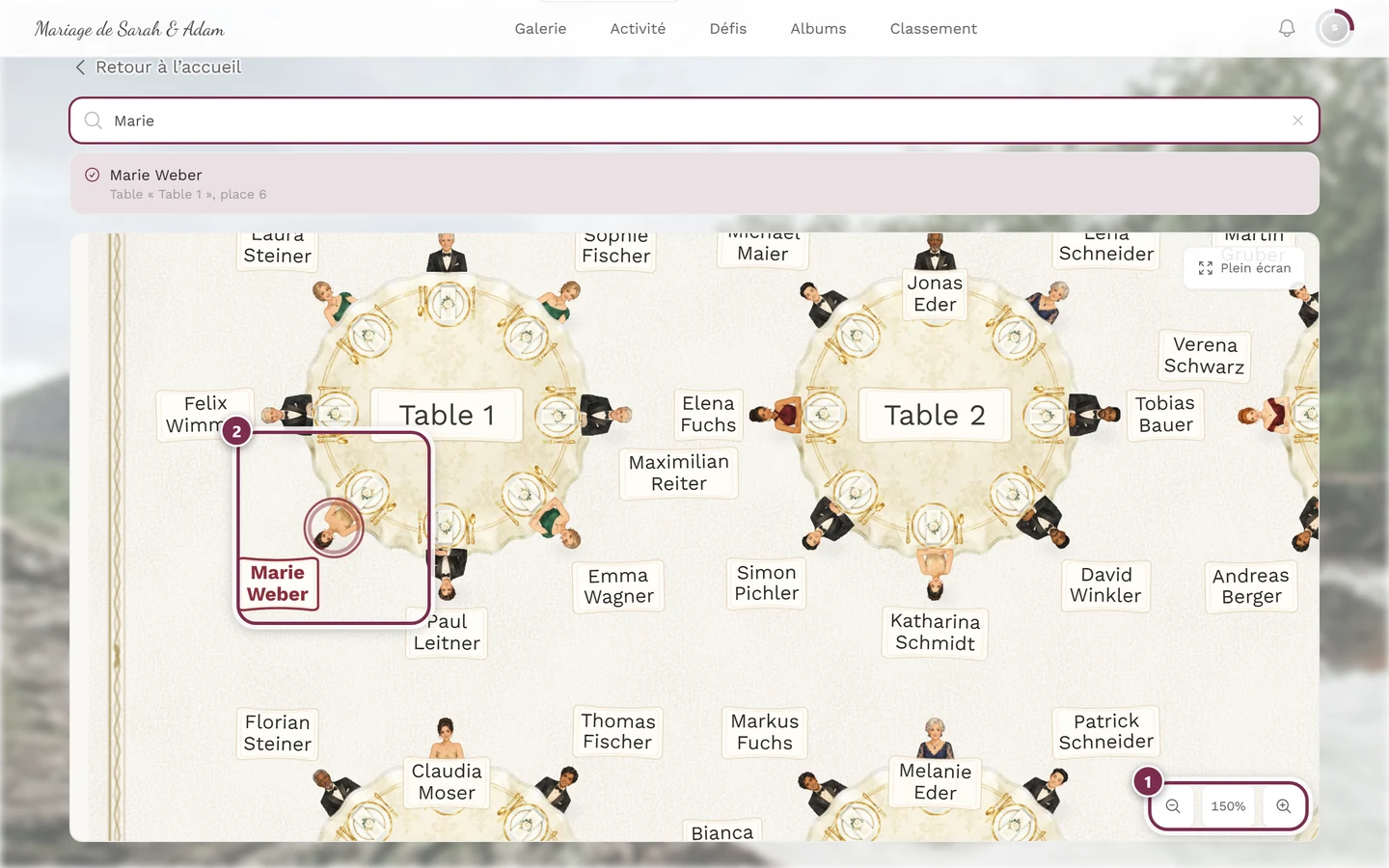 Plan de table à 150 pour cent avec personnages, couverts et étiquettes de nom