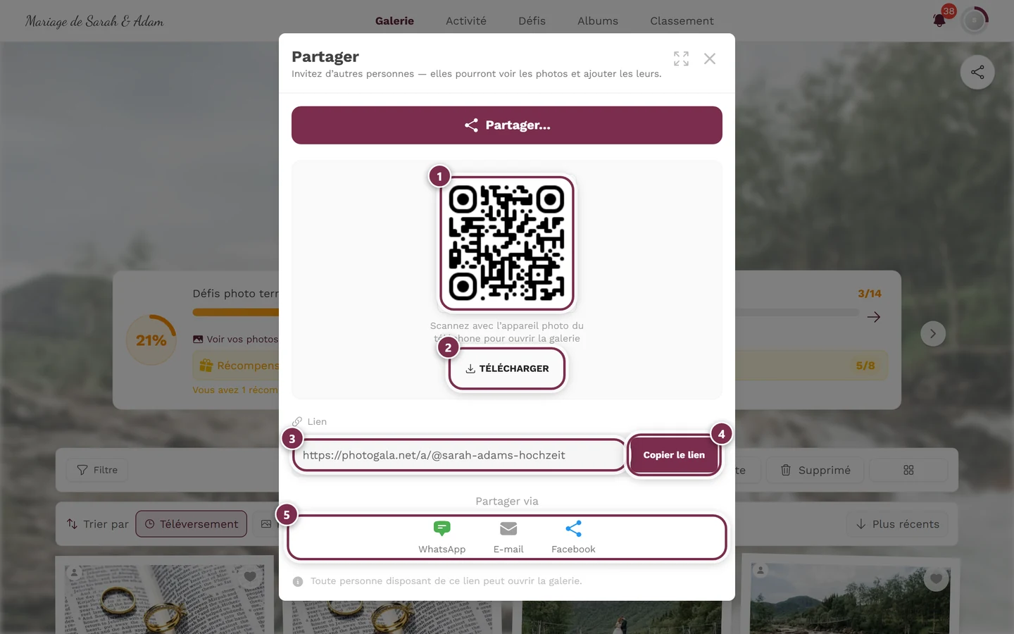 Fenêtre de partage avec QR code, bouton Télécharger, champ de lien, Copier le lien et les boutons directs