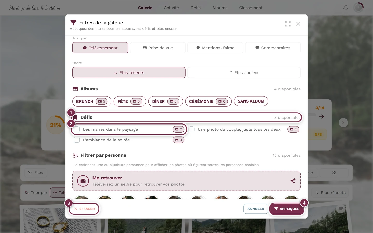 Boîte de dialogue Filtres de la galerie avec quatre repères : en-tête de section Défis, première case à cocher, Effacer, Appliquer