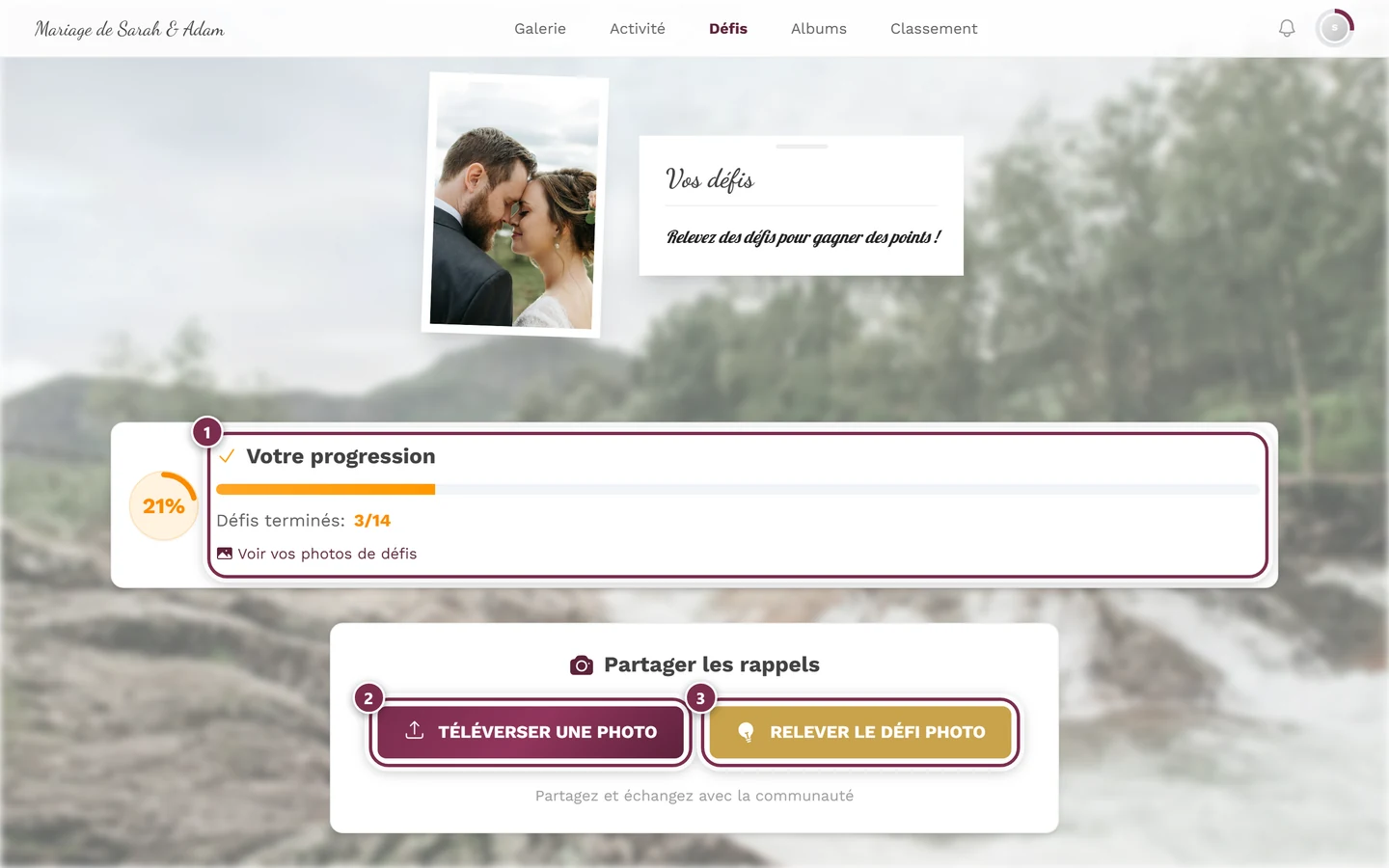 Page des défis avec trois éléments mis en évidence : progression, téléverser une photo, relever le défi photo