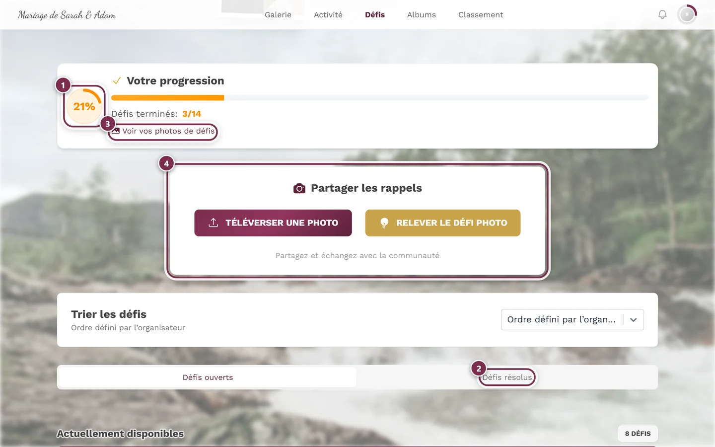 Haut de la page des défis avec quatre repères : anneau de progression, ligne Défis terminés, lien, carte Partager les rappels