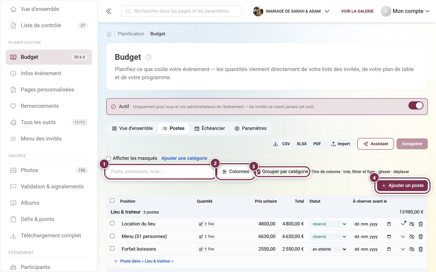 Barre d'outils au-dessus du tableau des postes avec recherche, colonnes, groupement et ajout de poste