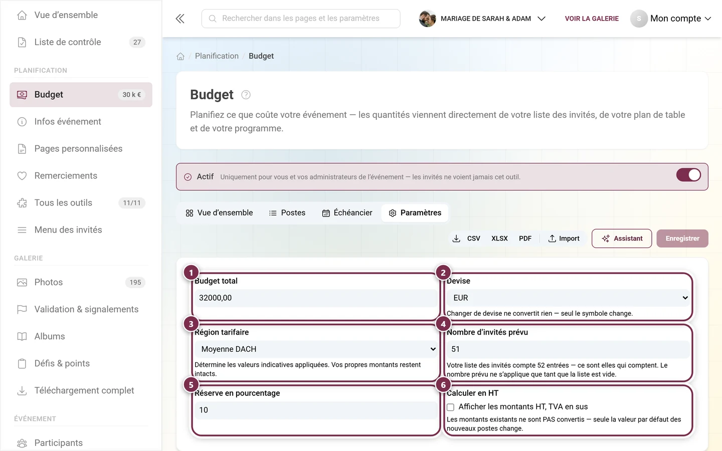 Paramètres du budget avec budget total, devise, région tarifaire, nombre d'invités, réserve et commutateur HT