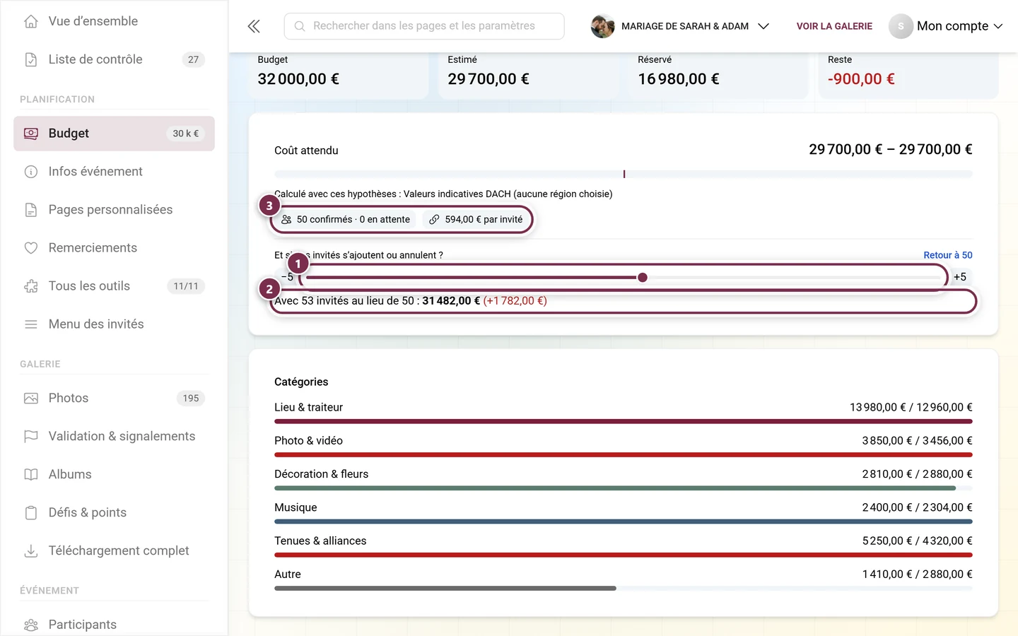 Curseur « et si » réglé sur plus trois invités avec la phrase de résultat en dessous