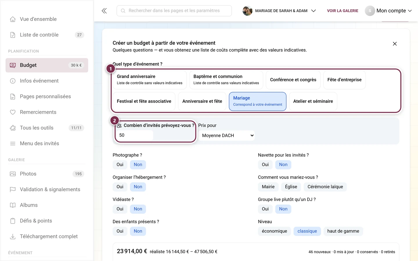 Assistant avec les vignettes de type d'événement et la question sur le nombre d'invités