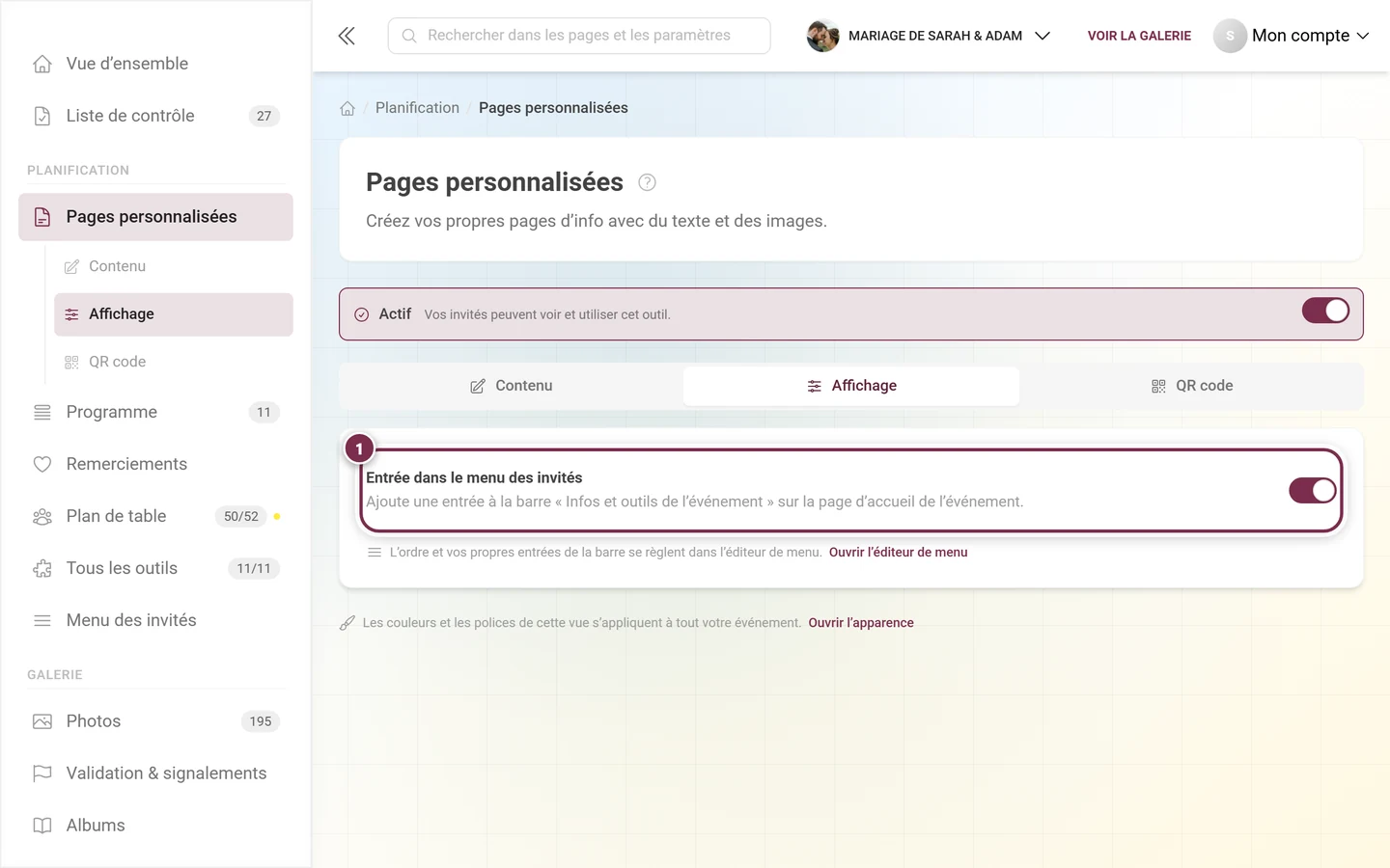 Onglet Affichage des Pages personnalisées avec l'interrupteur Entrée dans le menu des invités mis en évidence