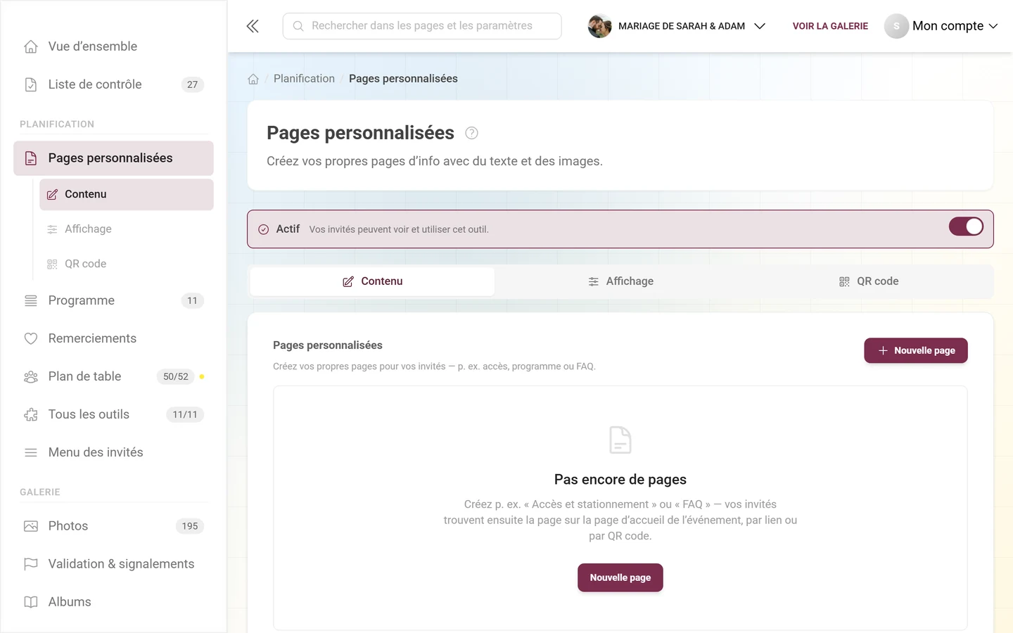 État vide des Pages personnalisées avec la mention Aucune page pour l'instant et le bouton Nouvelle page
