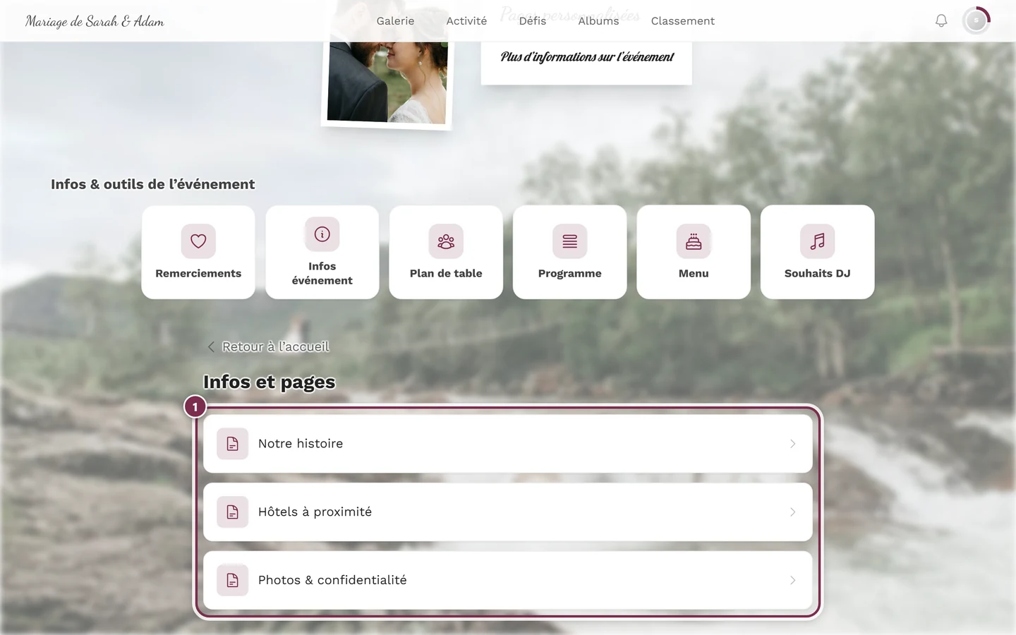 Page récapitulative Infos et pages dans la vue invité avec trois entrées