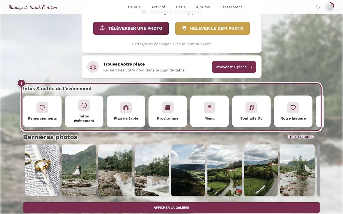 Rangée Infos et outils de l'événement sur la page d'accueil des invités avec la vignette d'une page personnalisée mise en évidence