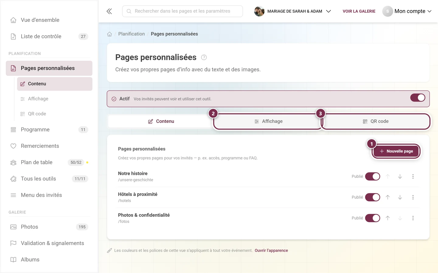 En-tête des Pages personnalisées avec le bouton Nouvelle page mis en évidence et les onglets Affichage et QR code
