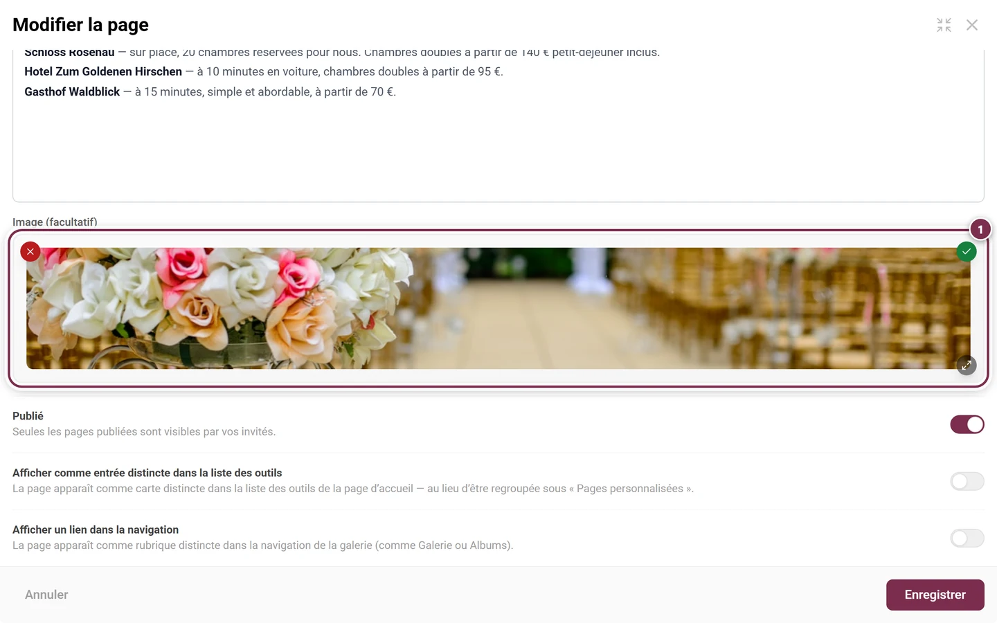 Fenêtre de page avec la zone image mise en évidence et une photo d'exemple sélectionnée