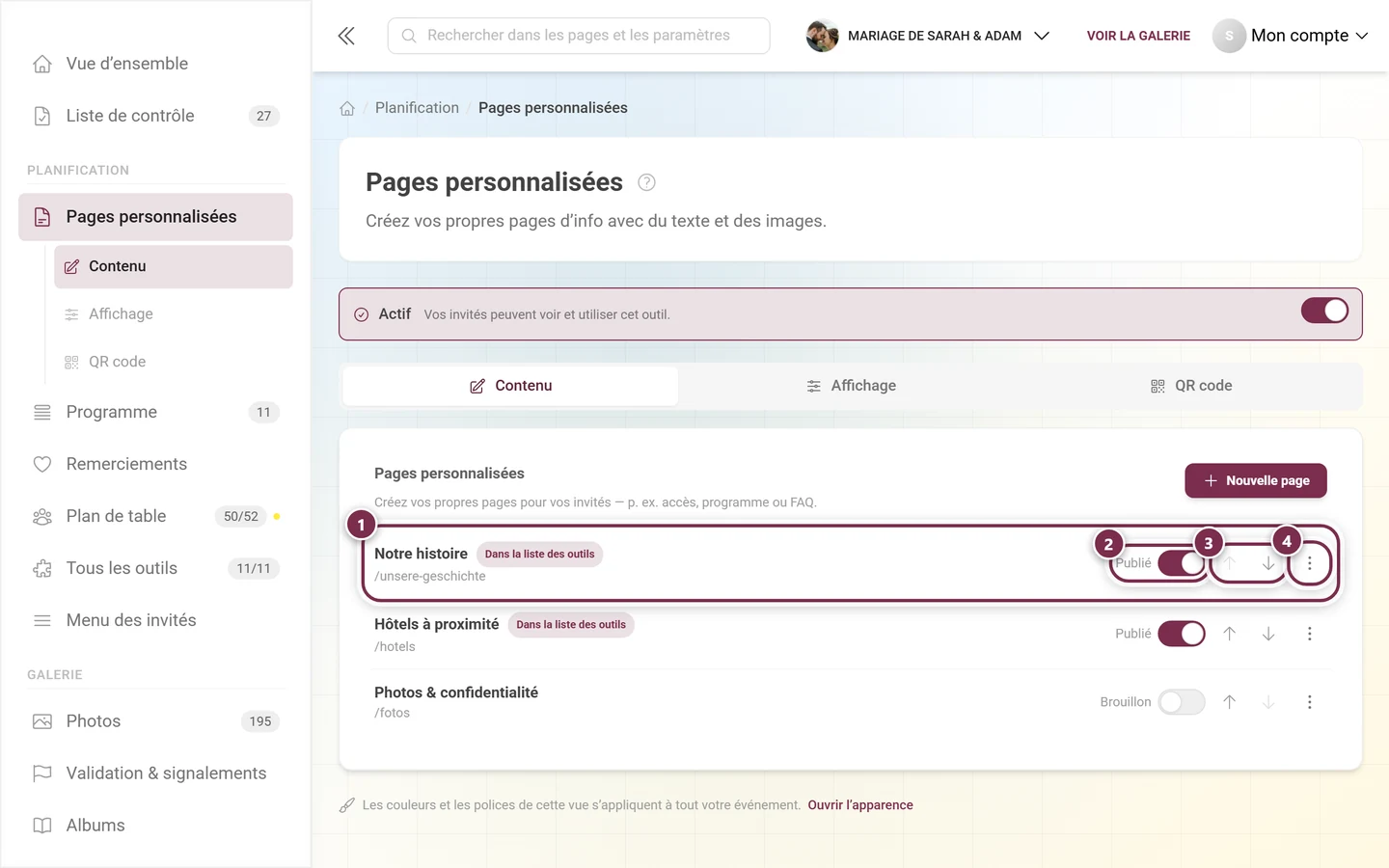 Liste de trois pages personnalisées, avec une ligne, l'interrupteur Publié, les flèches et le menu à trois points mis en évidence