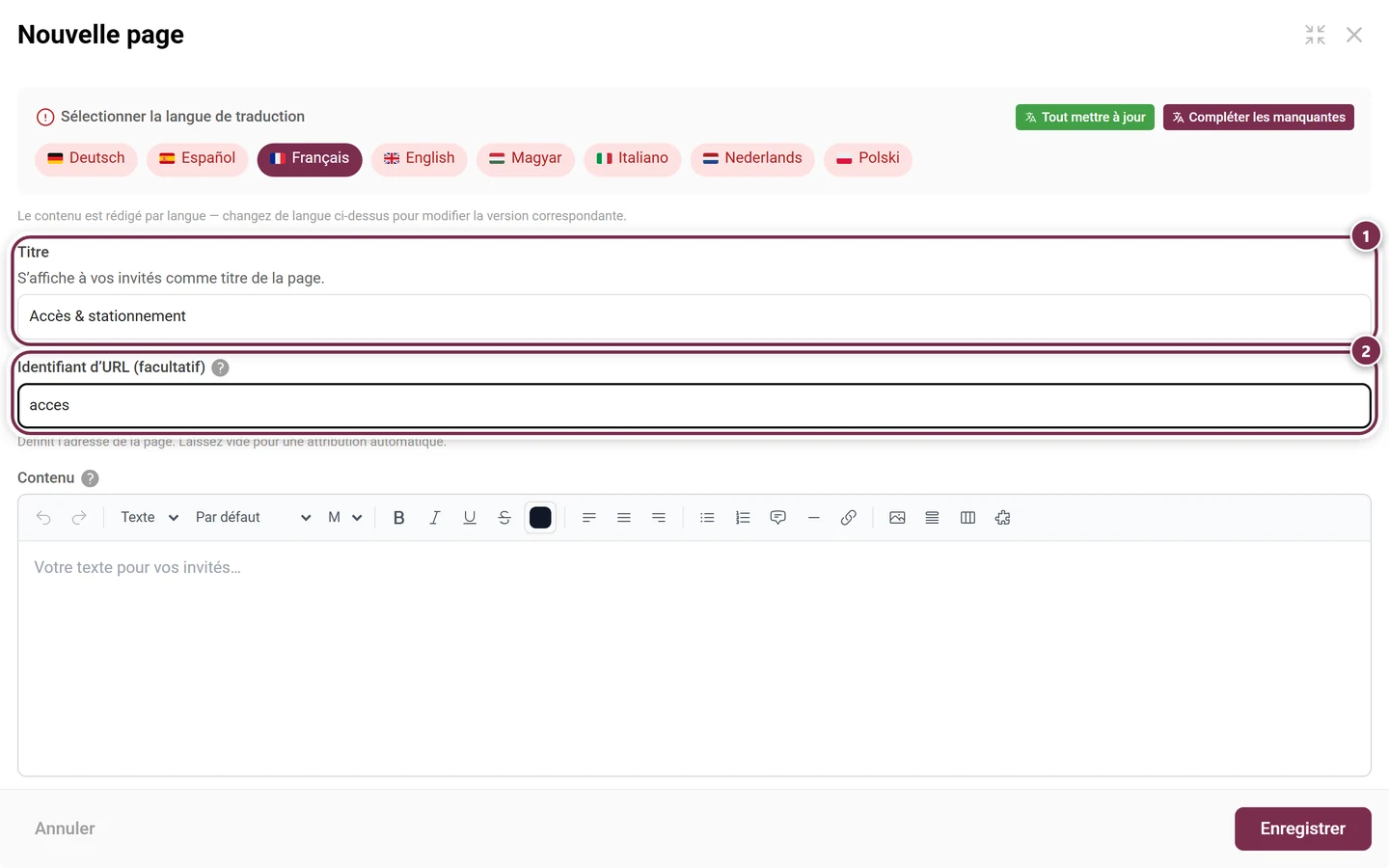 Fenêtre Nouvelle page avec le titre Accès et stationnement rempli et l'identifiant d'URL acces