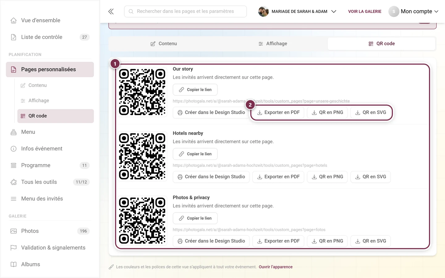 Onglet QR code avec un bloc par page publiée, une carte et les boutons d'export mis en évidence