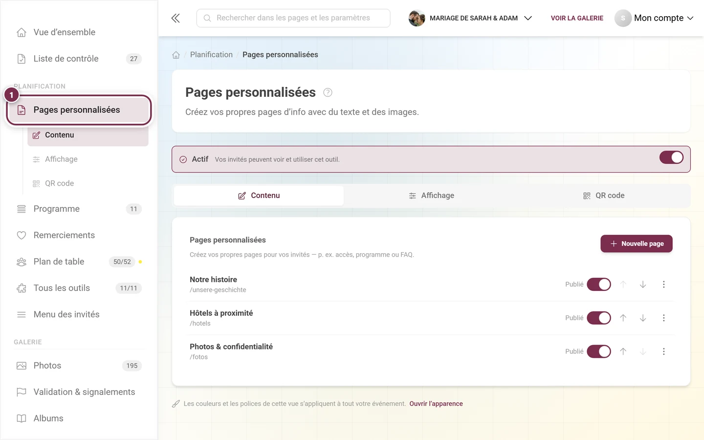 Barre latérale d'administration avec l'entrée Pages personnalisées mise en évidence sous Planification