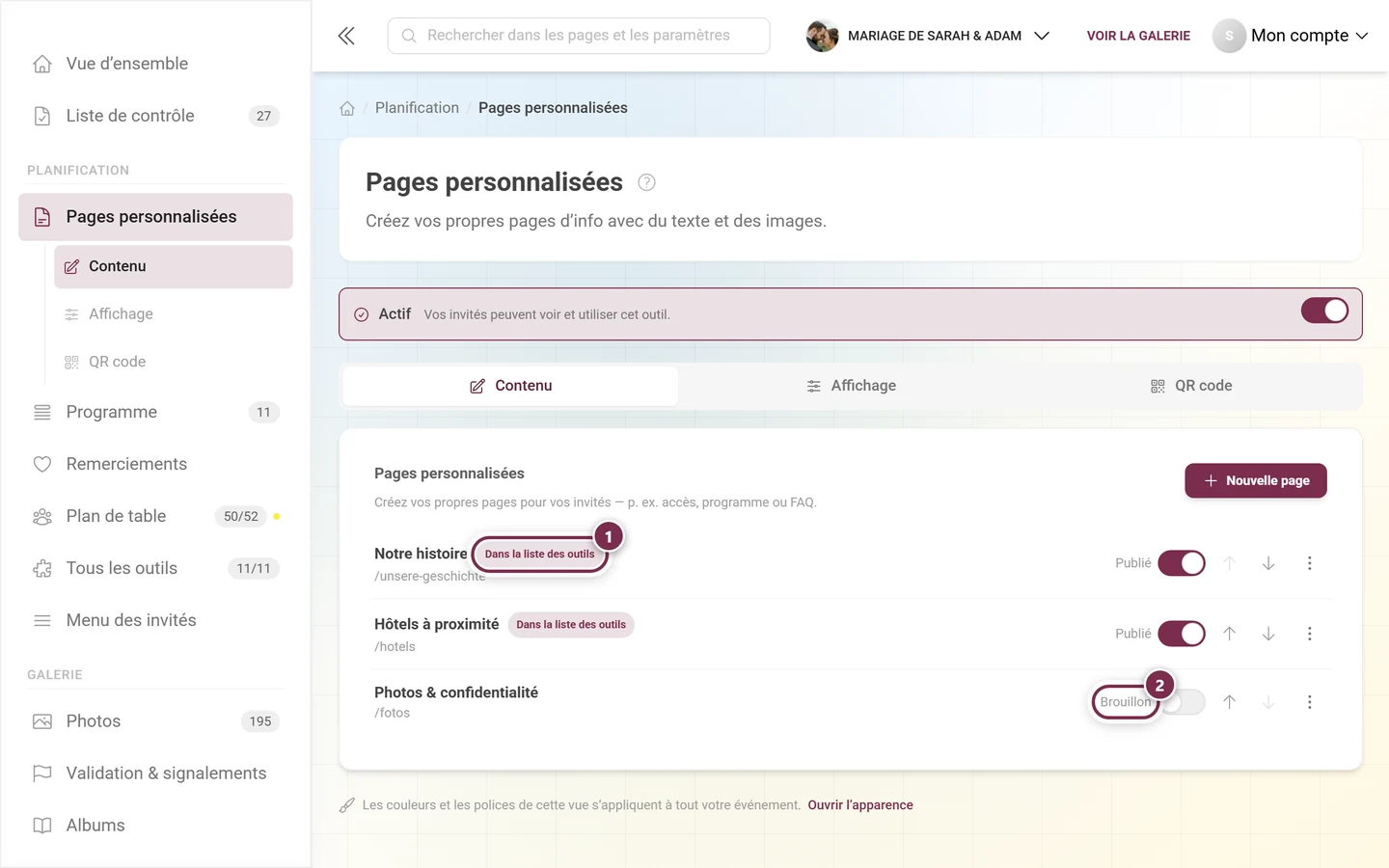 Deux lignes comparées, avec la puce Dans la liste des outils et le statut Brouillon mis en évidence
