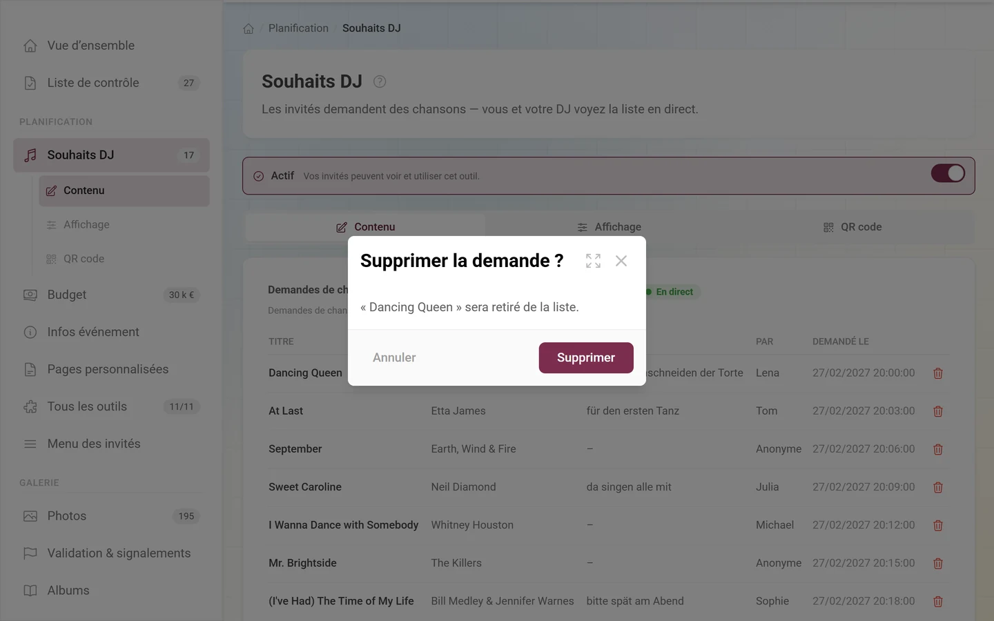 Confirmation Supprimer la demande avec le titre de la demande concernée