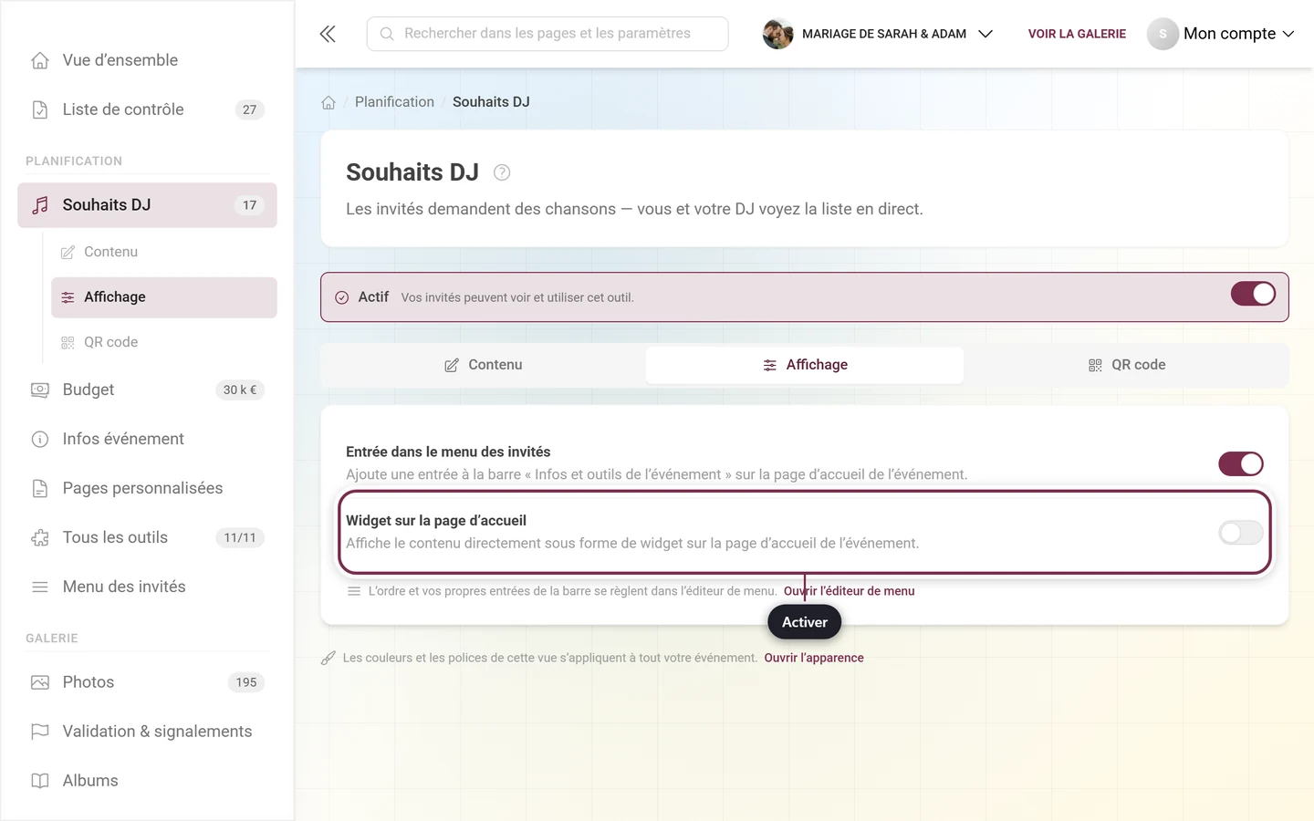 Onglet Affichage des Souhaits DJ avec l'interrupteur du widget mis en évidence