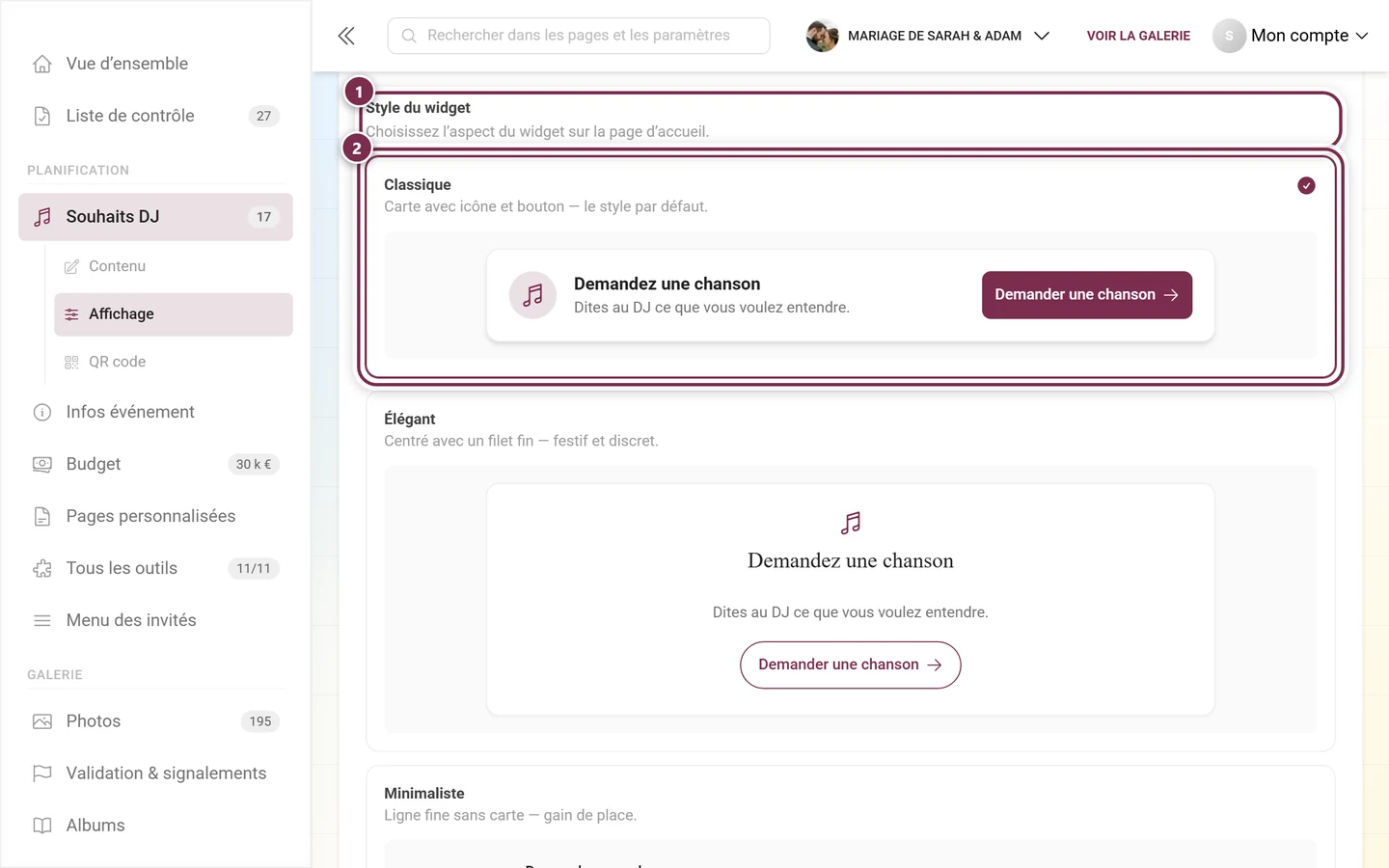 Bloc Style du widget avec le titre et la carte Classique mis en évidence