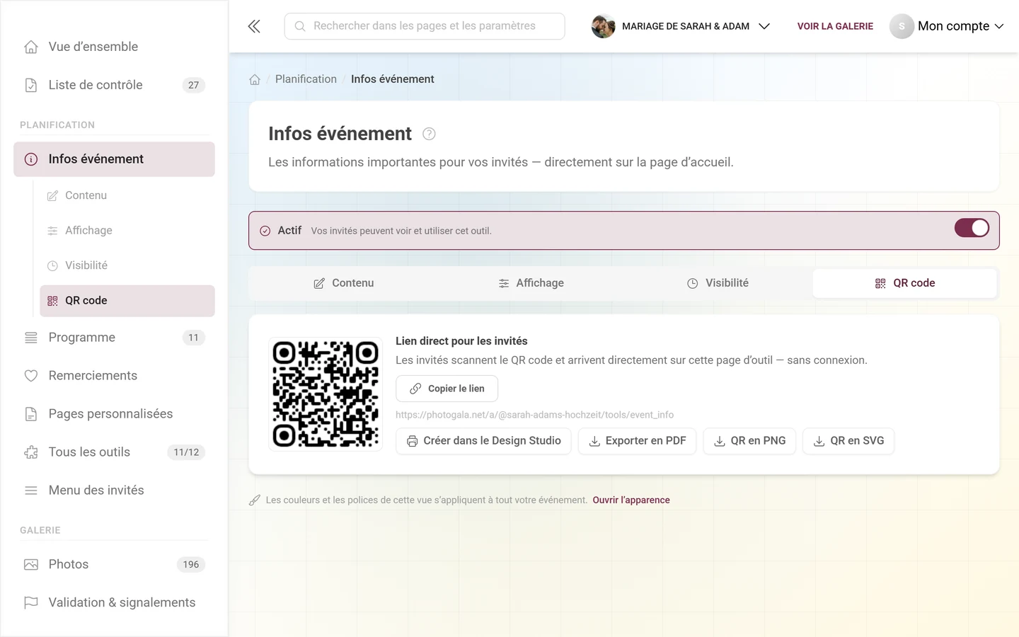 Onglet QR code d'un outil avec lien direct, image QR et les boutons d'export