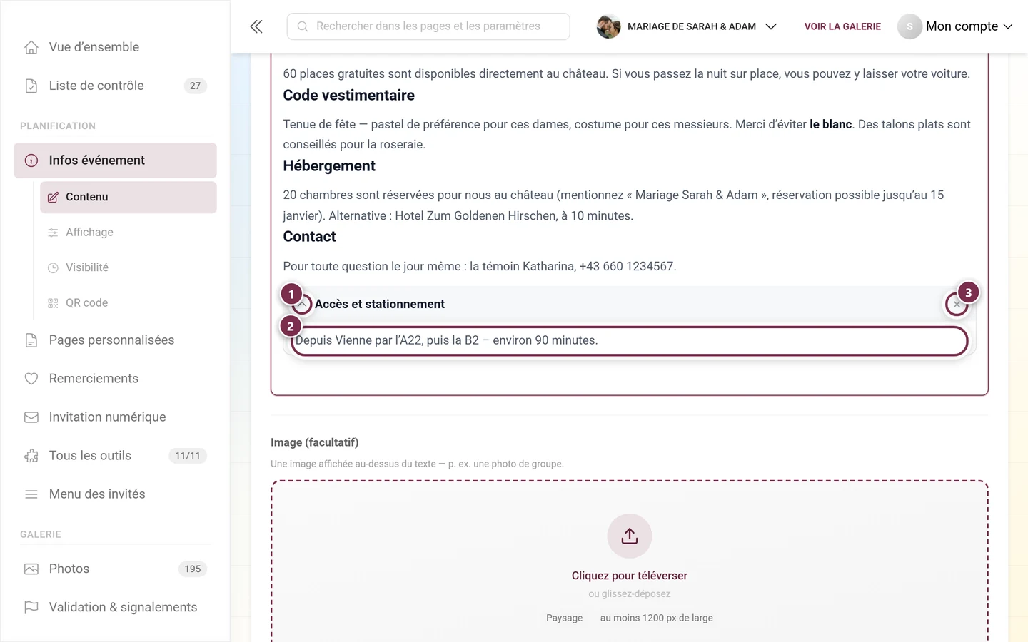 Section dépliante dans l'éditeur avec titre, zone de contenu et bouton de suppression