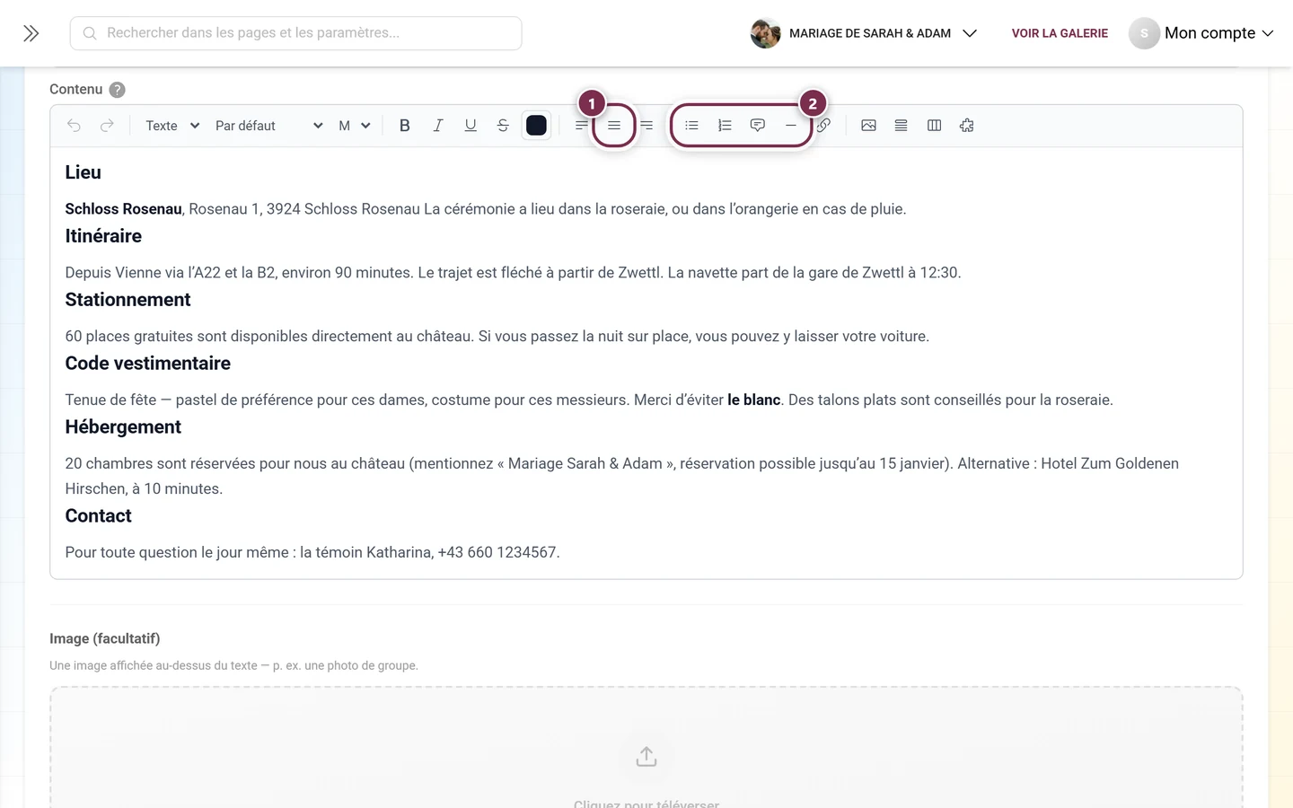 Barre d'outils avec les boutons d'alignement et de liste mis en évidence