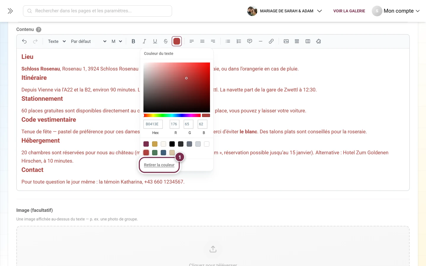 Sélecteur de couleur avec le lien Retirer la couleur sous les couleurs prédéfinies