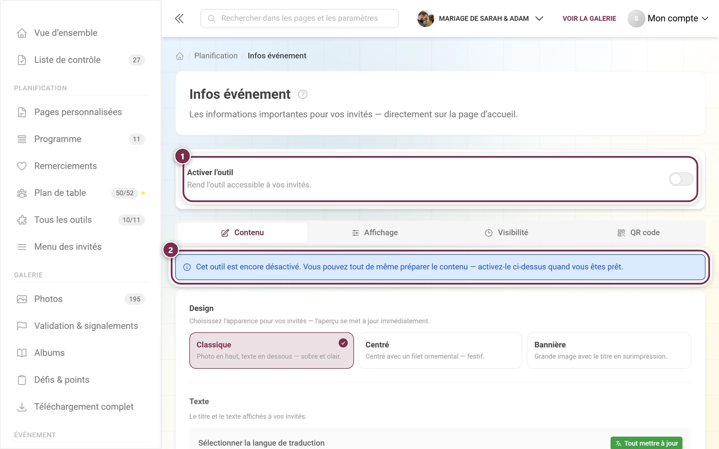 Page Infos événement avec l'interrupteur de l'outil désactivé et un message bleu en dessous