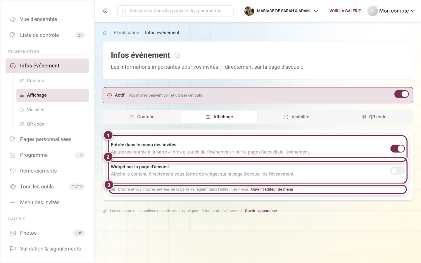 Onglet Affichage avec les interrupteurs pour l'entrée du menu des invités et le widget de la page d'accueil