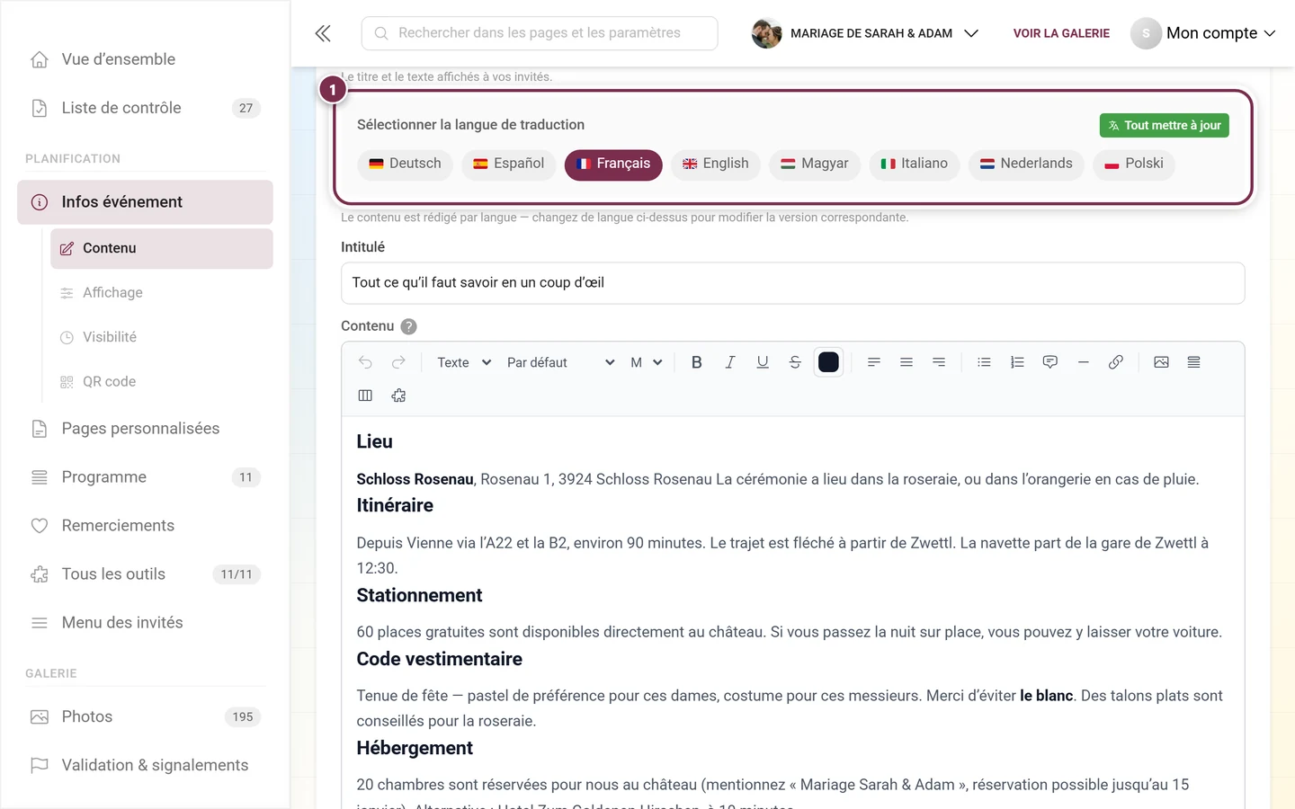 Barre Sélectionner la langue de traduction avec Deutsch et English ainsi que le bouton Tout mettre à jour