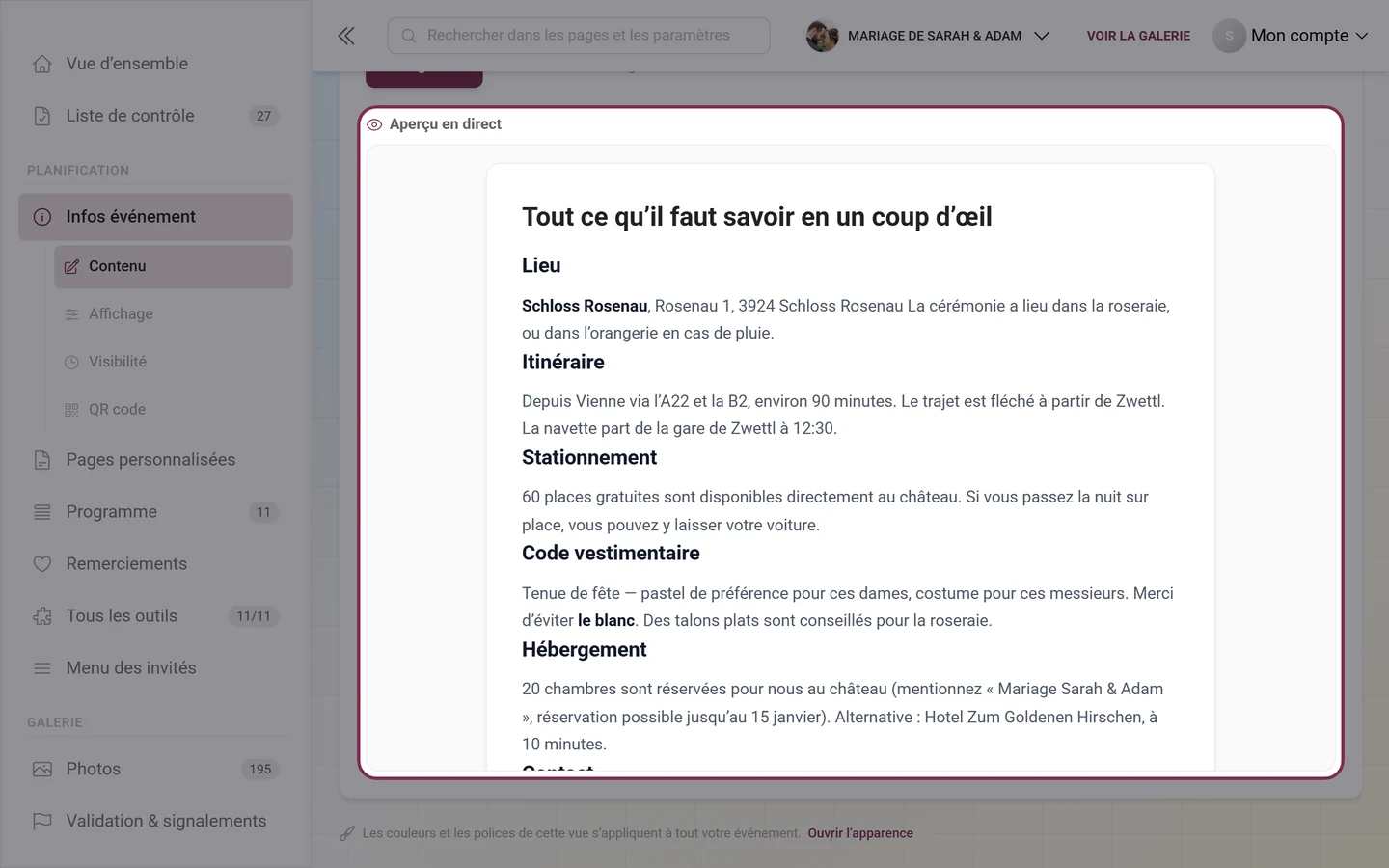 Aperçu en direct sous le formulaire montrant les Infos événement finalisées